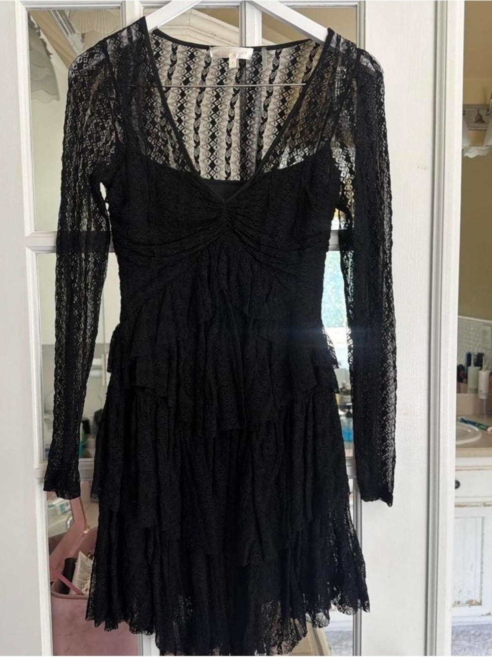 LoveShackFancy Black Lace Tiered Mini Dress